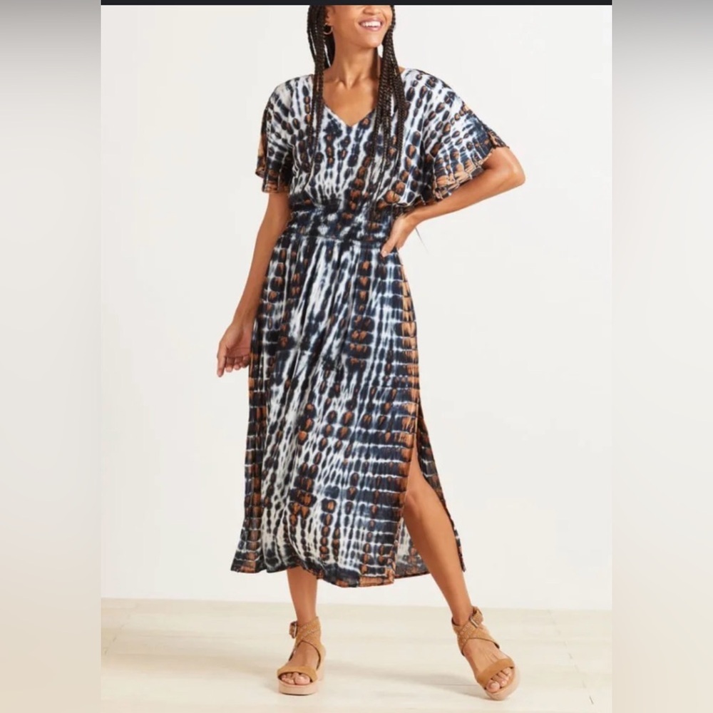 Tiare Hawaii Eden Tie Dyed Boho Dress Medium Blue Brown